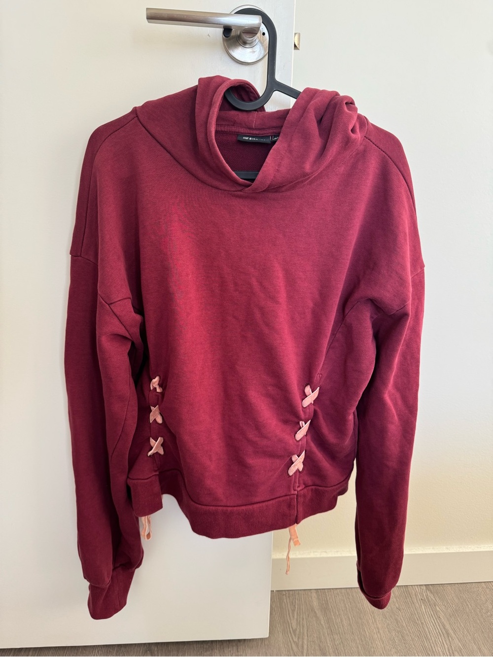 ONLY Cozy Women's Burgundy Hoodie with Lace-Up Side Detail